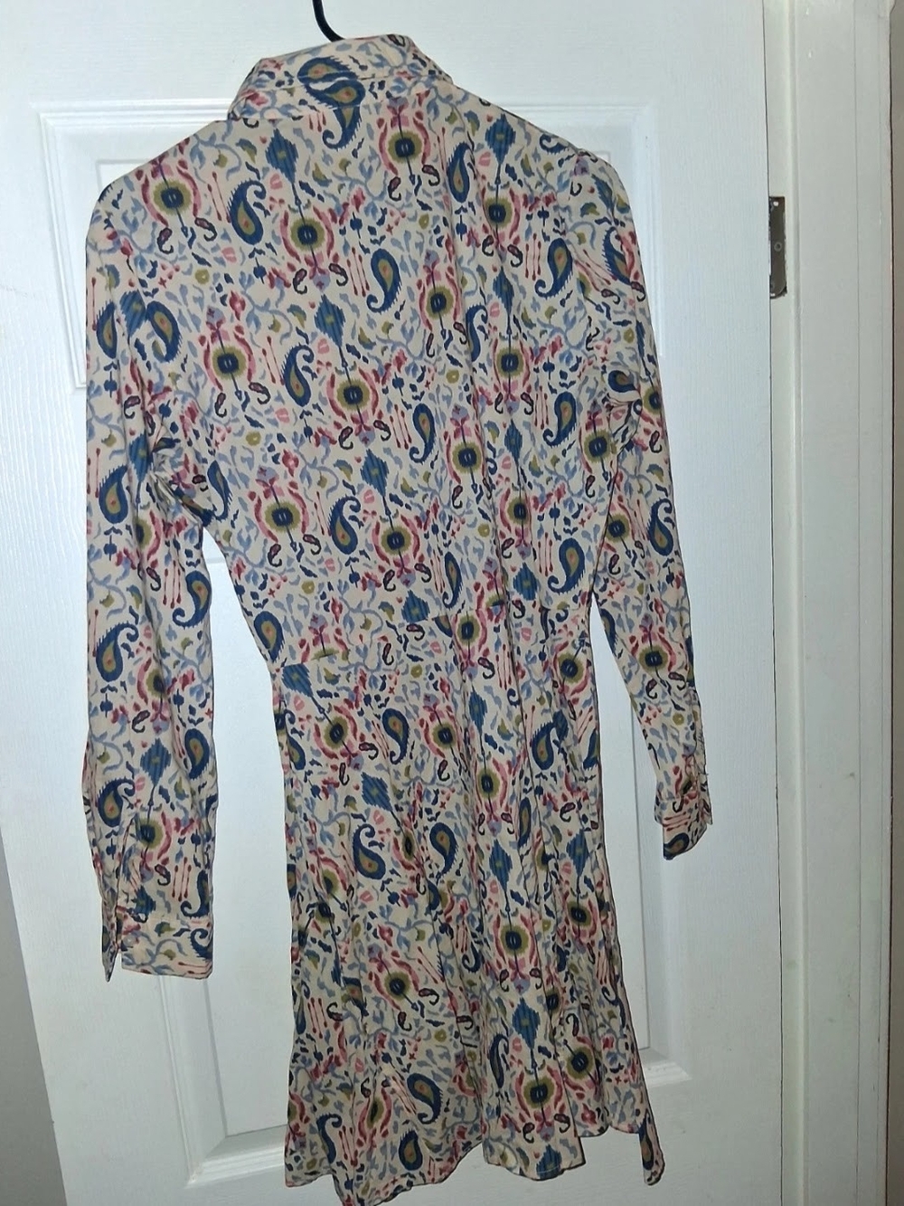 Printed Long-Sleeve Shirt Dress in Cream with Multicolor Paisley